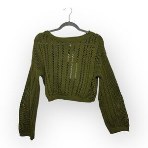 Martha Stewart Olive Green Open Knit Cropped Sweater Preppy Minimalist Small
